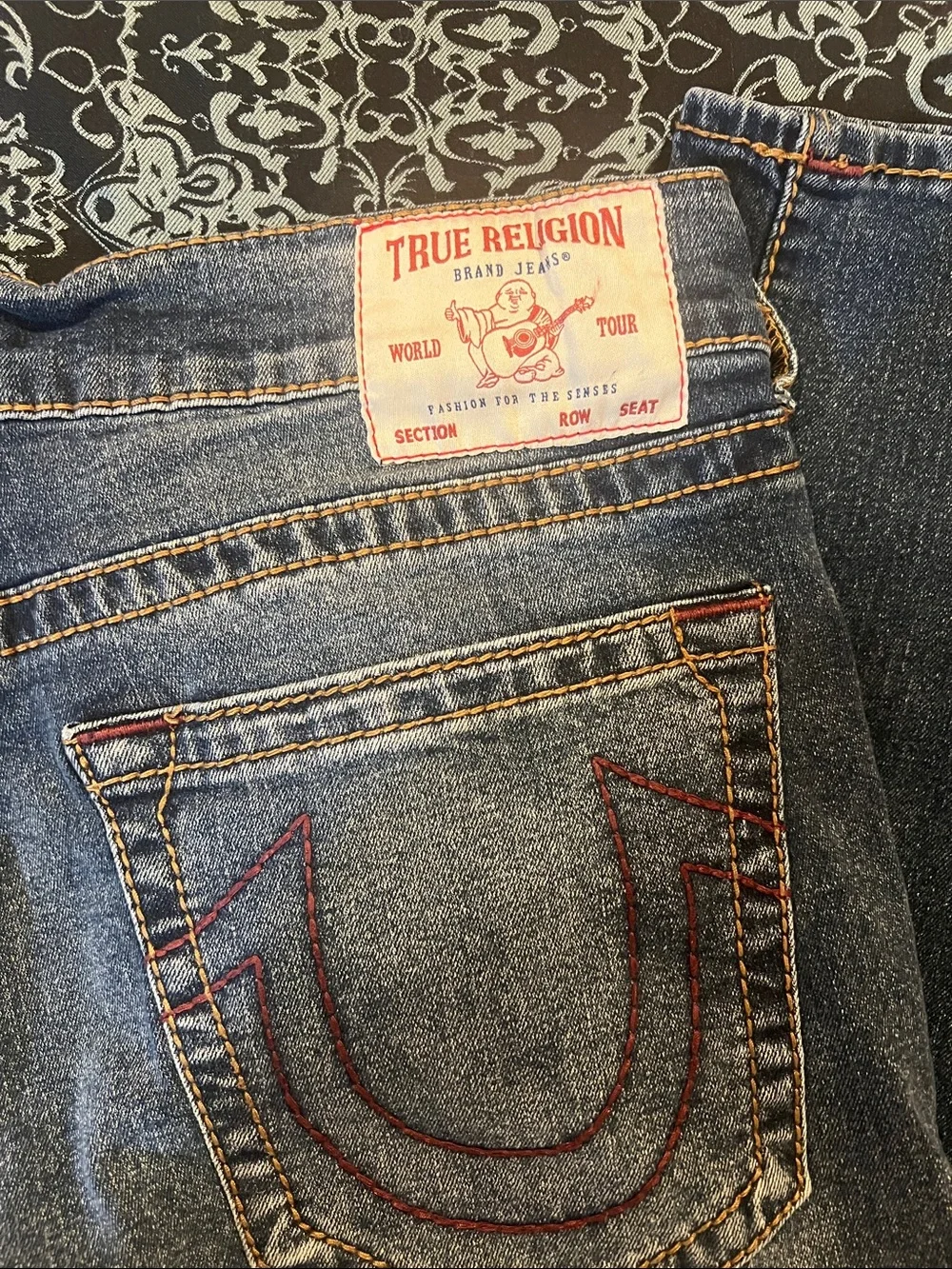 True Religion Men's Skinny Jeans in Dark Blue Denim with Contrast Stitching